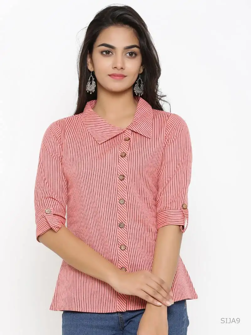 Women's peach cotton slub printed shirt style top