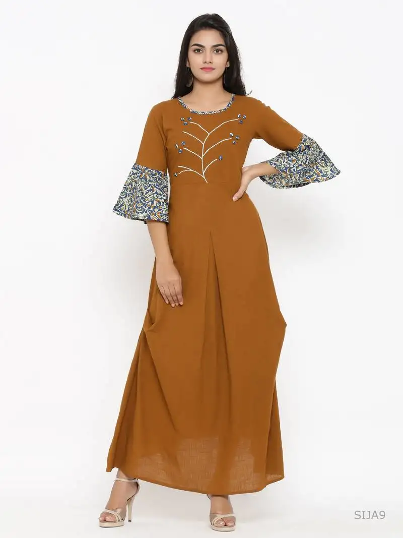 Women's cotton blend embroidery kurta (brown)