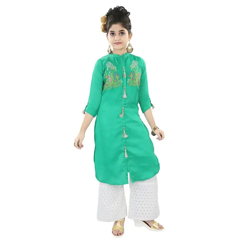 Sea green slik embroidered pallazzo suit top and bottom