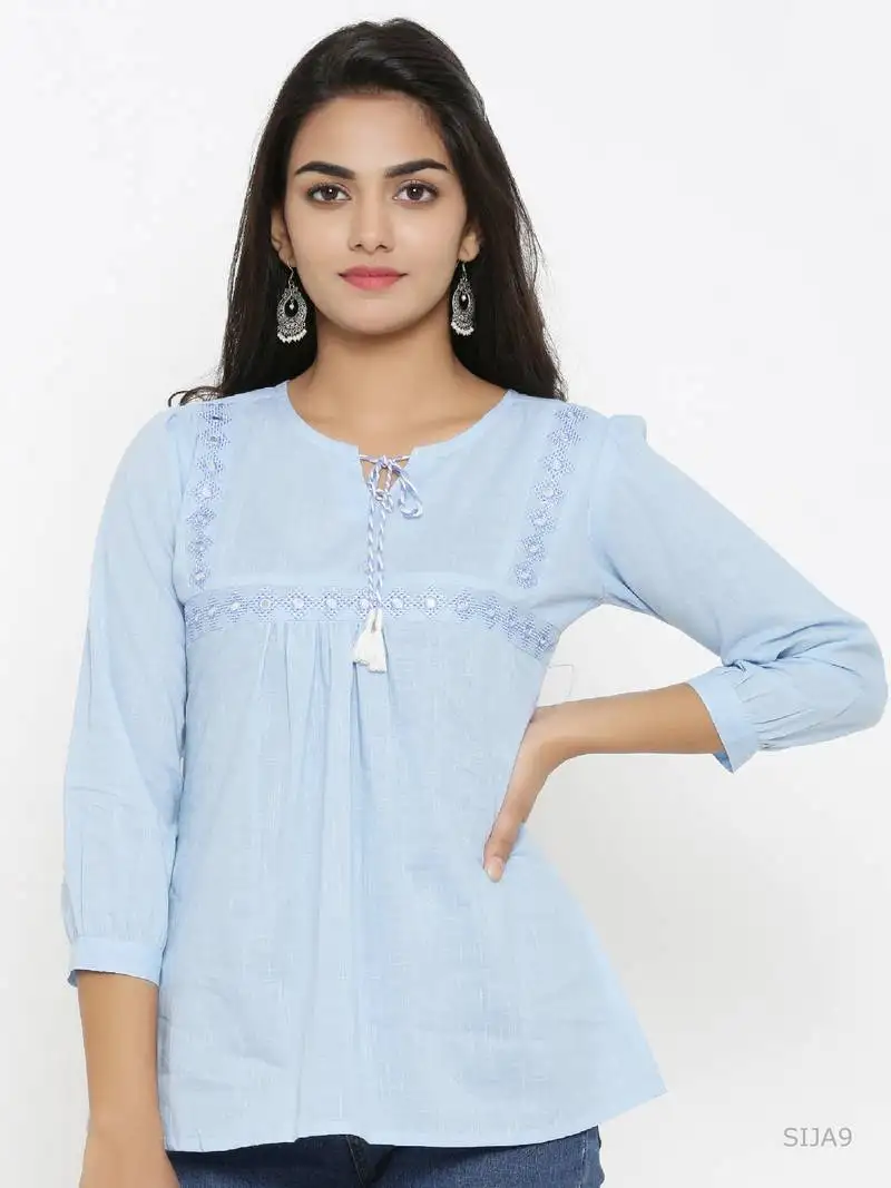 Women's blue cotton embroidered top