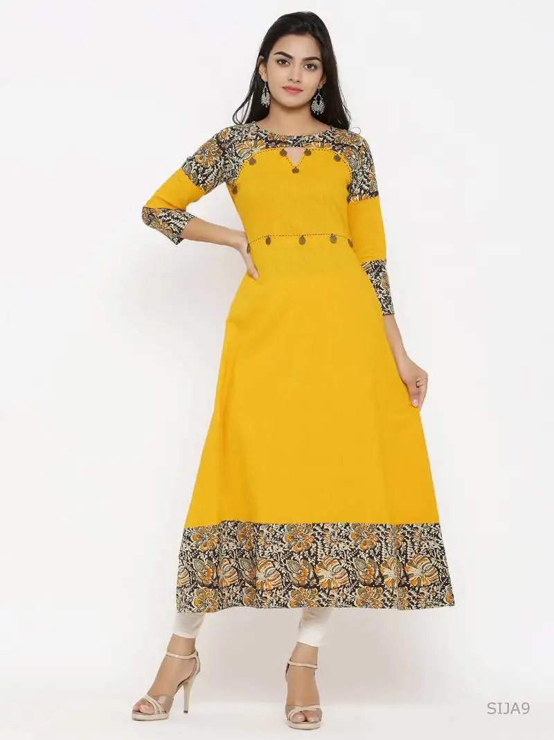 Women's cotton blend kalamkari print kaantha work a-line kurta (mustard)