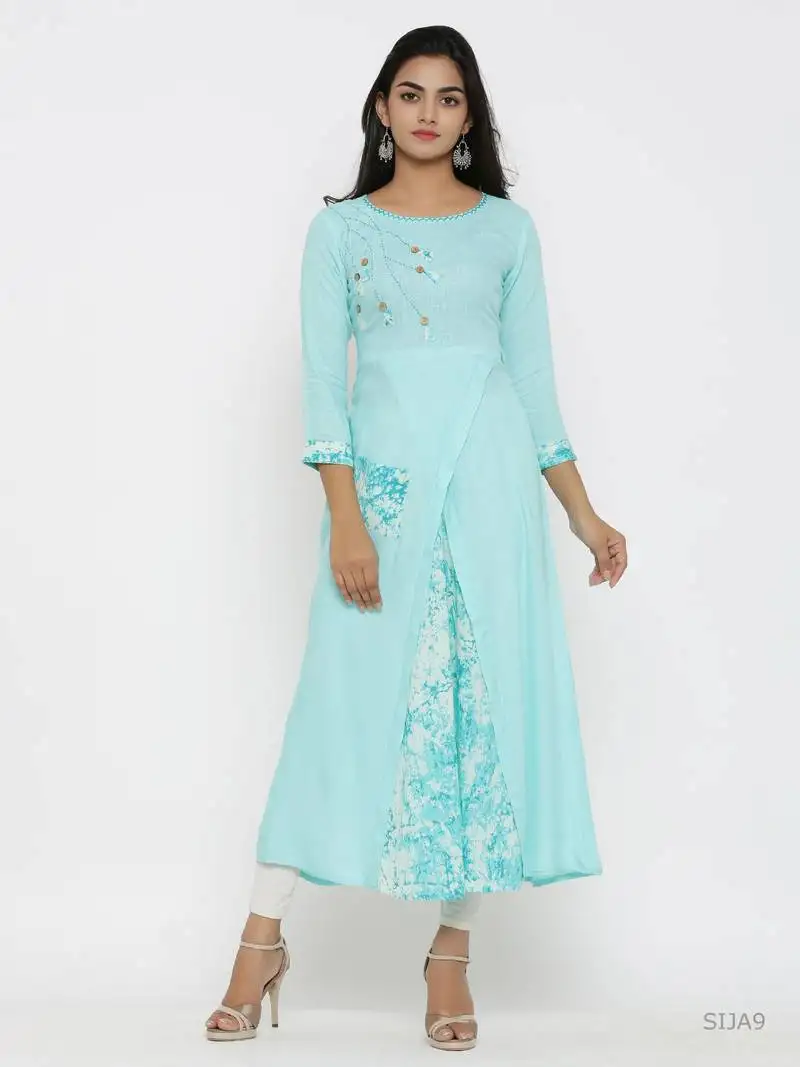 Women's rayon tie & dye print applique work a-line kurta (sky blue)