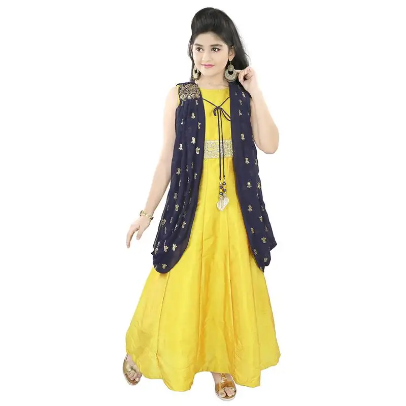 Gold and blue embroidered jacket look gown