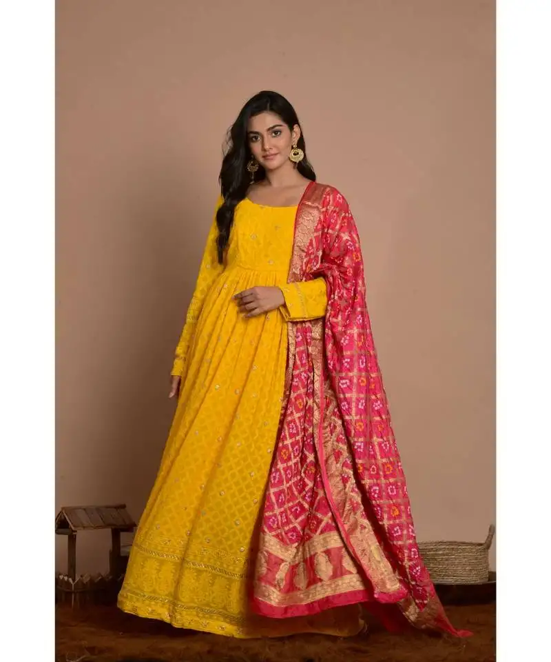 Yellow chikankari gathered anarkali with rani dupatta