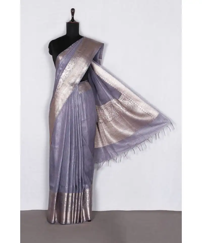 Blue handloom banarsi linen saree with blouse piece