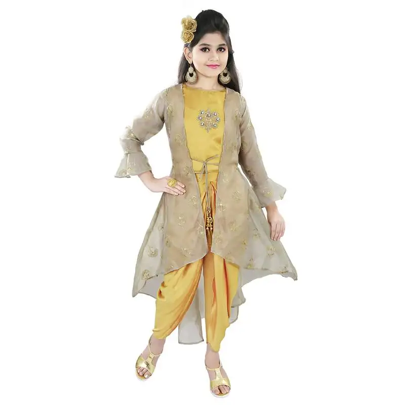 Gold silk embriodred dhot suit with tissue embroidered jacket