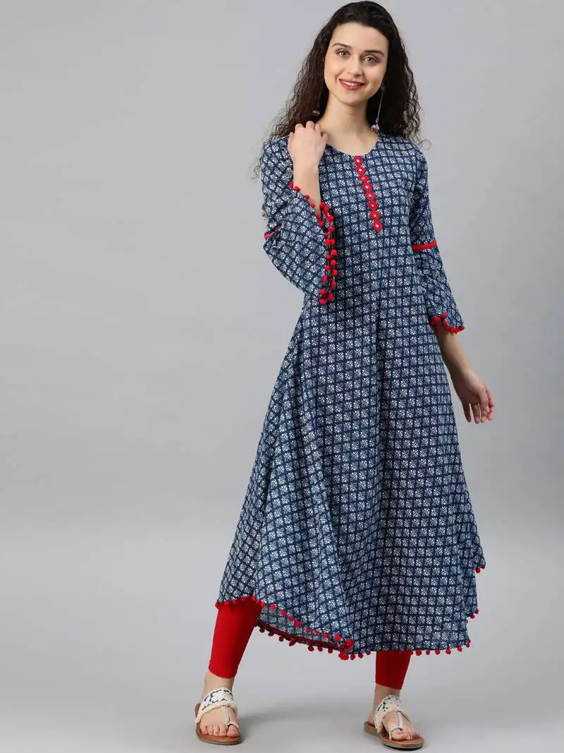 Women's cambric cotton printed mirror work a-line kurta (blue)