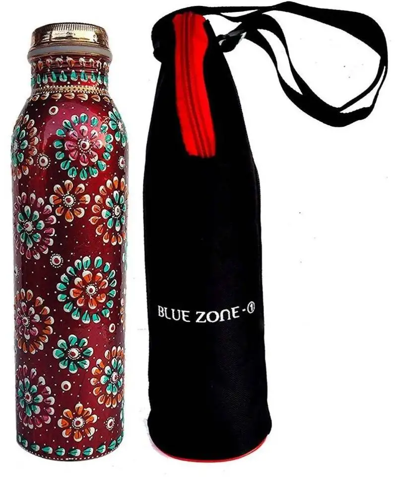 Copper water bottle for (joint free & leak proof) new red hand painted art work, with a insulated bag