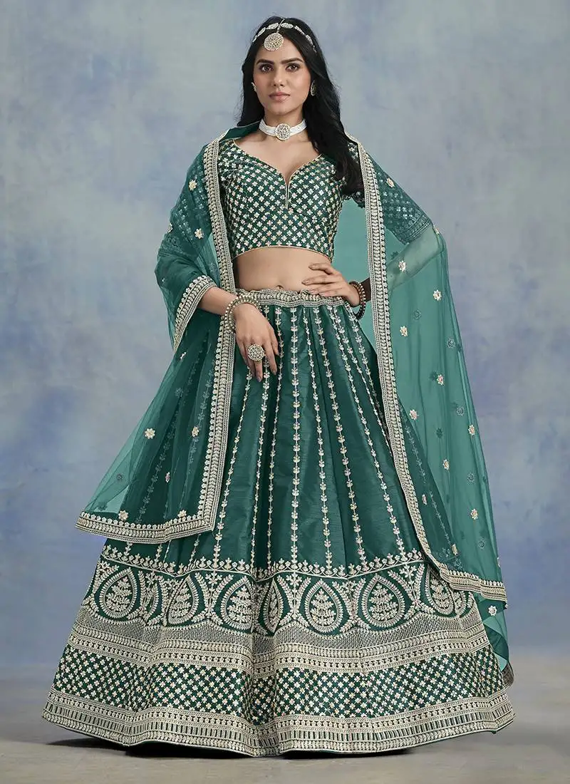 Green embroidered sequins work art silk lehenga choli