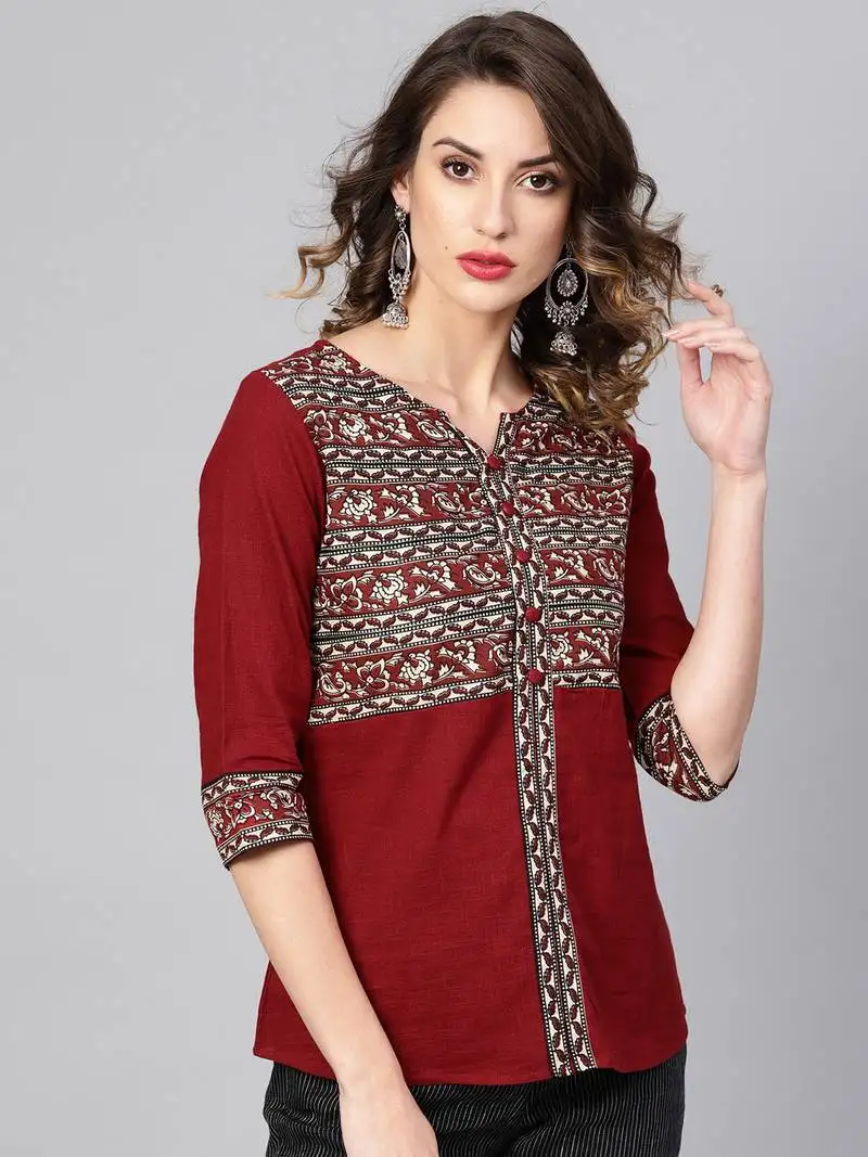 Women's maroon cotton slub kalamkari printed regular top