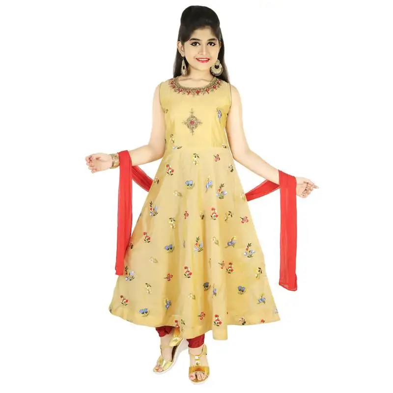 Yellow embroidred chanderi with zardosi handwork in a gown with salwar