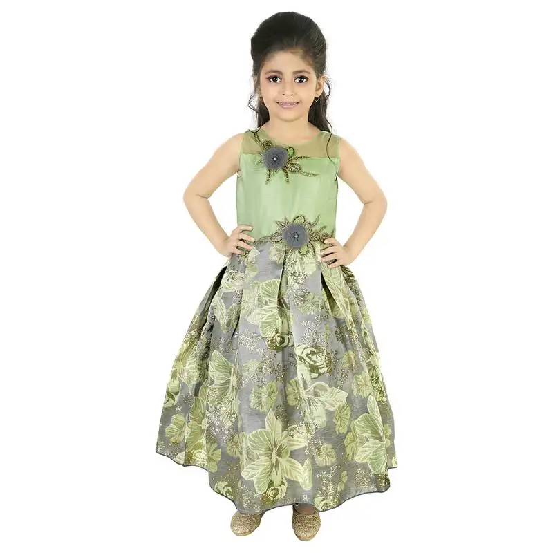 Green satin and brocade frock style gown with embroidery