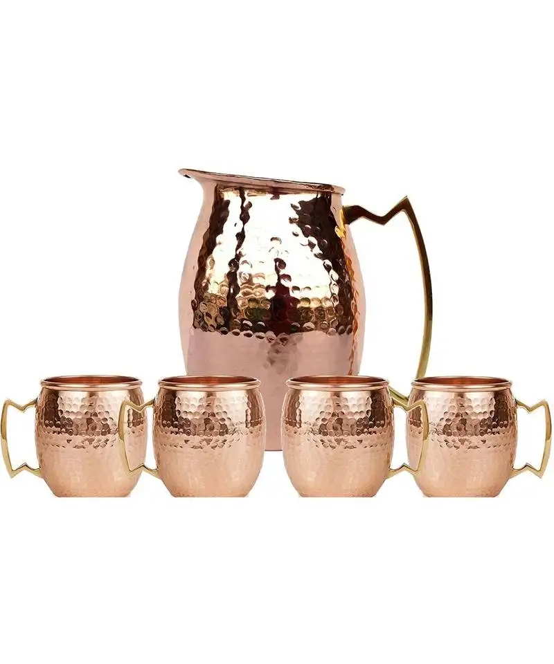 Pure copper hammered jug new copper moscow mule water pitcher heavy gauge pure solid hammered with set of 4
