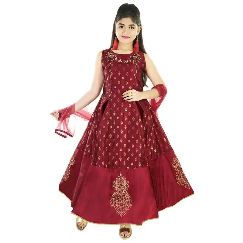 Maroon printed embroidered silk gown for girls