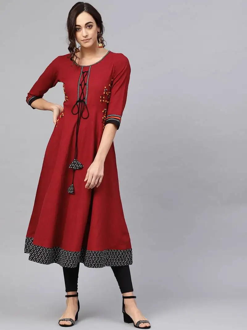 Women's cotton slub embroidered anarkali kurta (maroon)
