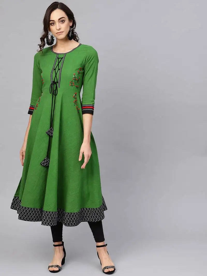Women's cotton slub embroidered anarkali kurta (green)