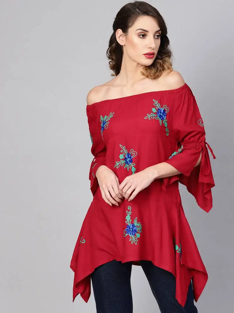 Women's maroon dotted rayon dobby embroidered kite style top