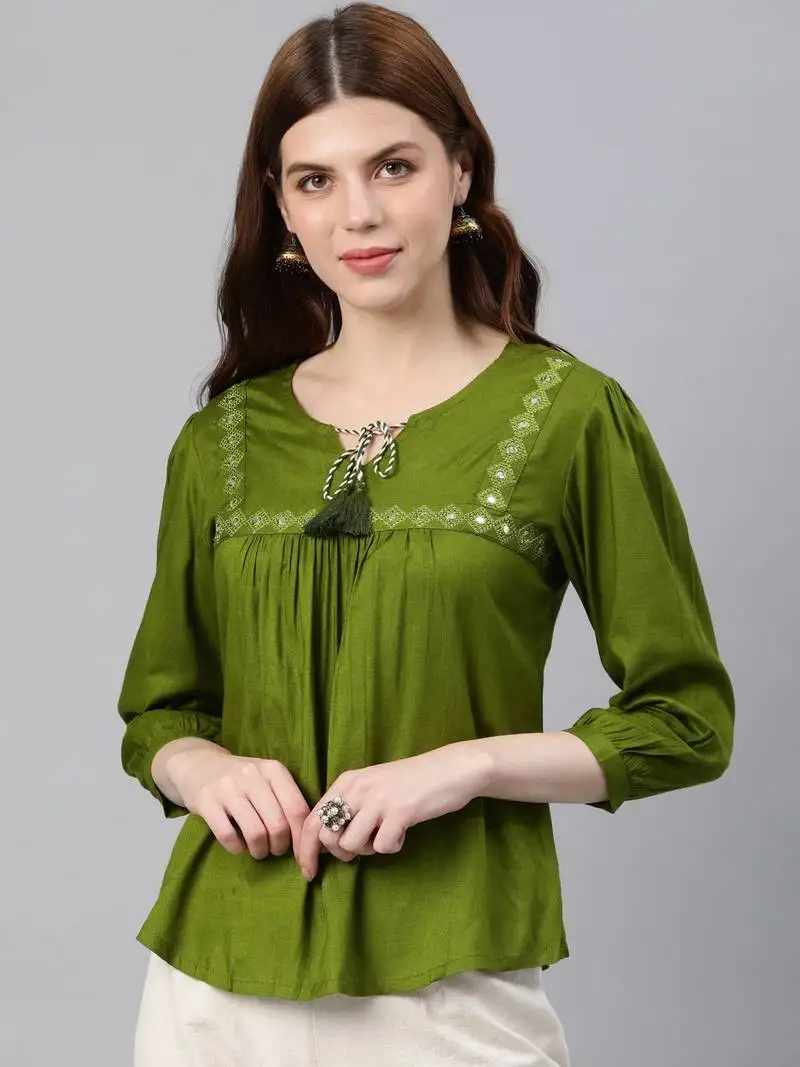 Women's green rayon slub mirror work regular top