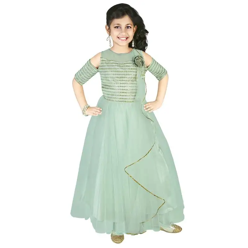 Pista green thread and sequins embroidery net pleated gown for girls