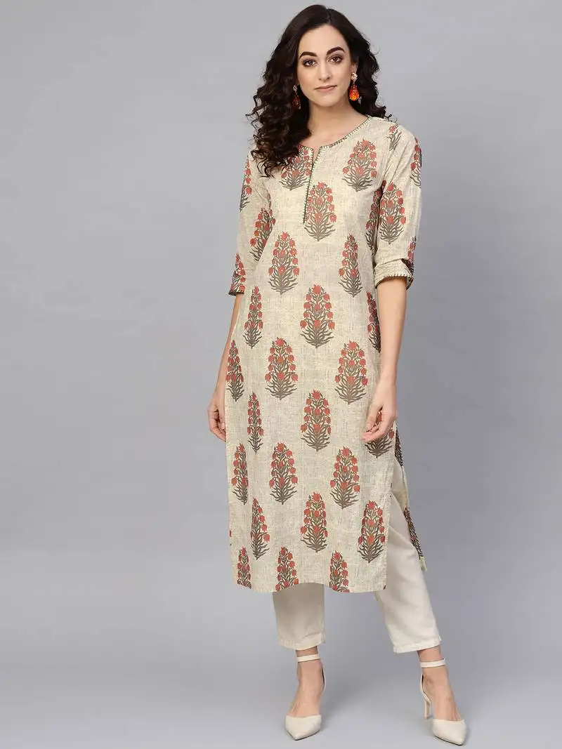 Women's cotton cambric sequin work straight kurta (beige)