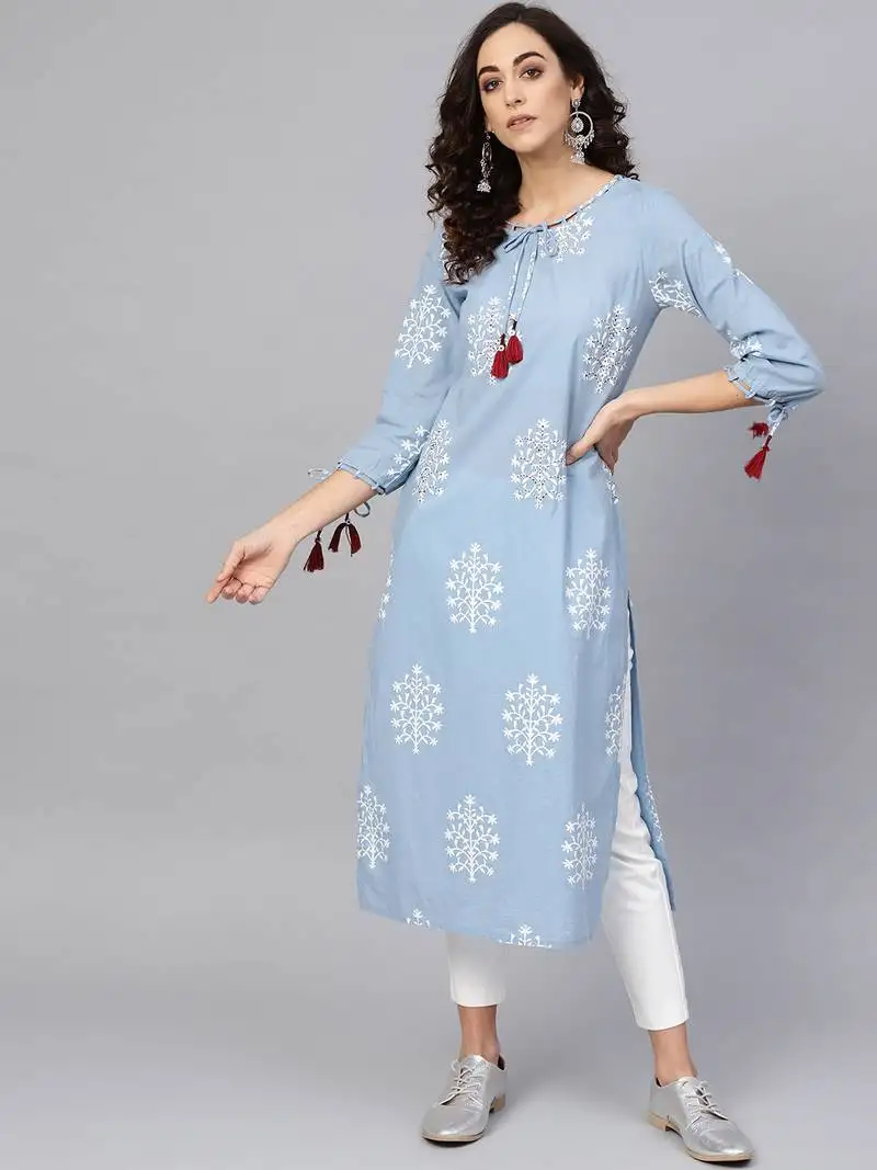 Women's cotton cambric sequin & thread work straight kurta (blue)