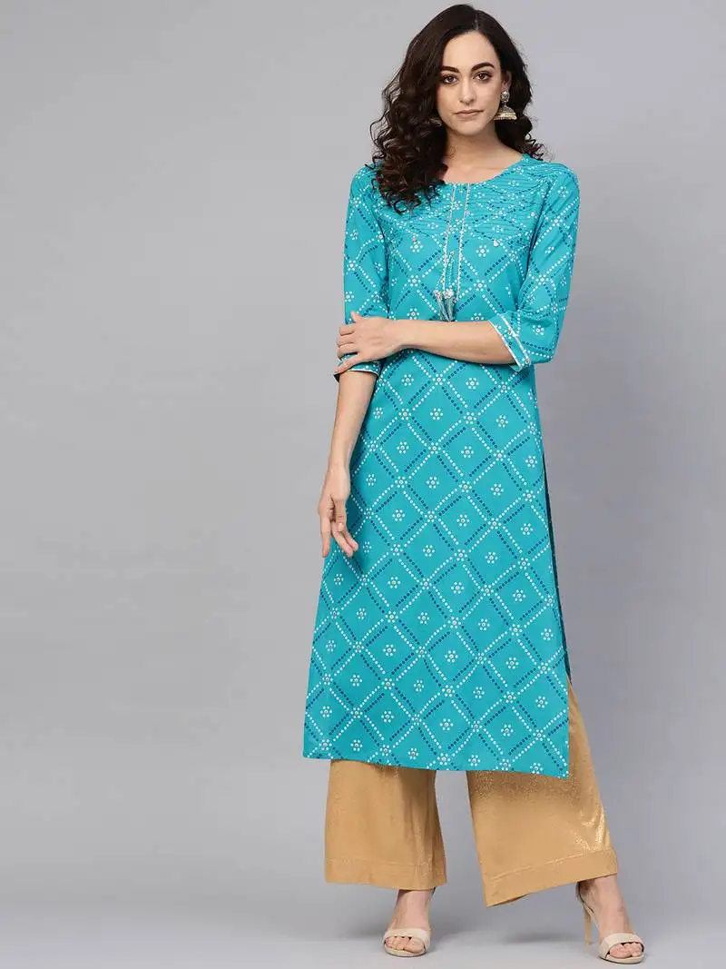 Women's cotton cambric bandhej print gotta work straight kurta (blue)