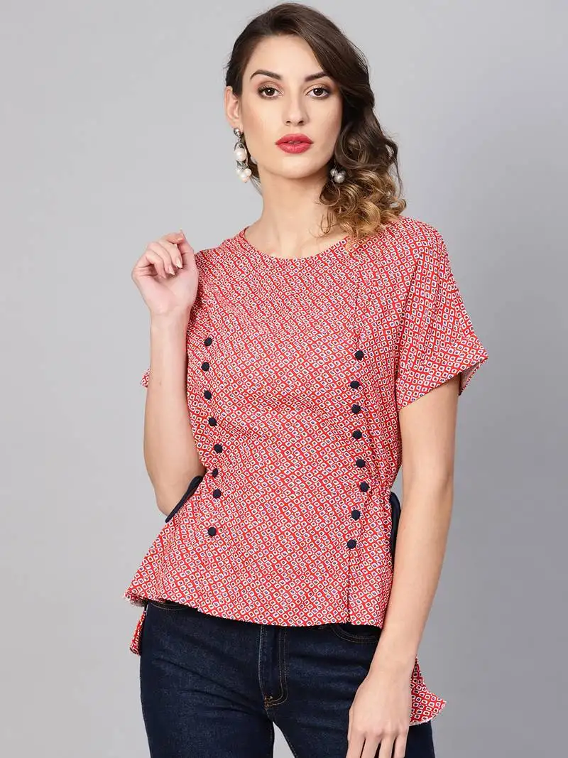 Women's red rayon geometric printed regular top