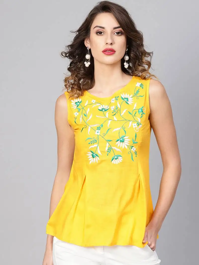 Women's yellow rayon slub embroidered regular top