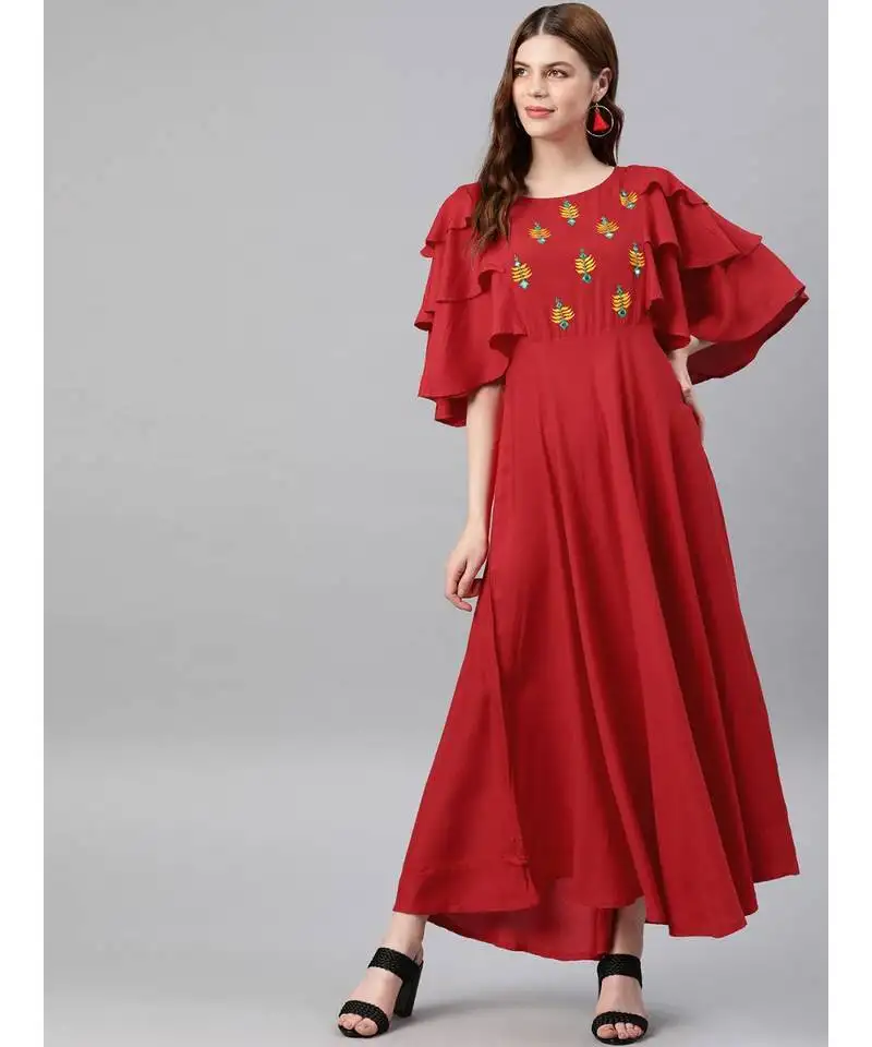 Rayon embroidered anarkali ethnic dress red