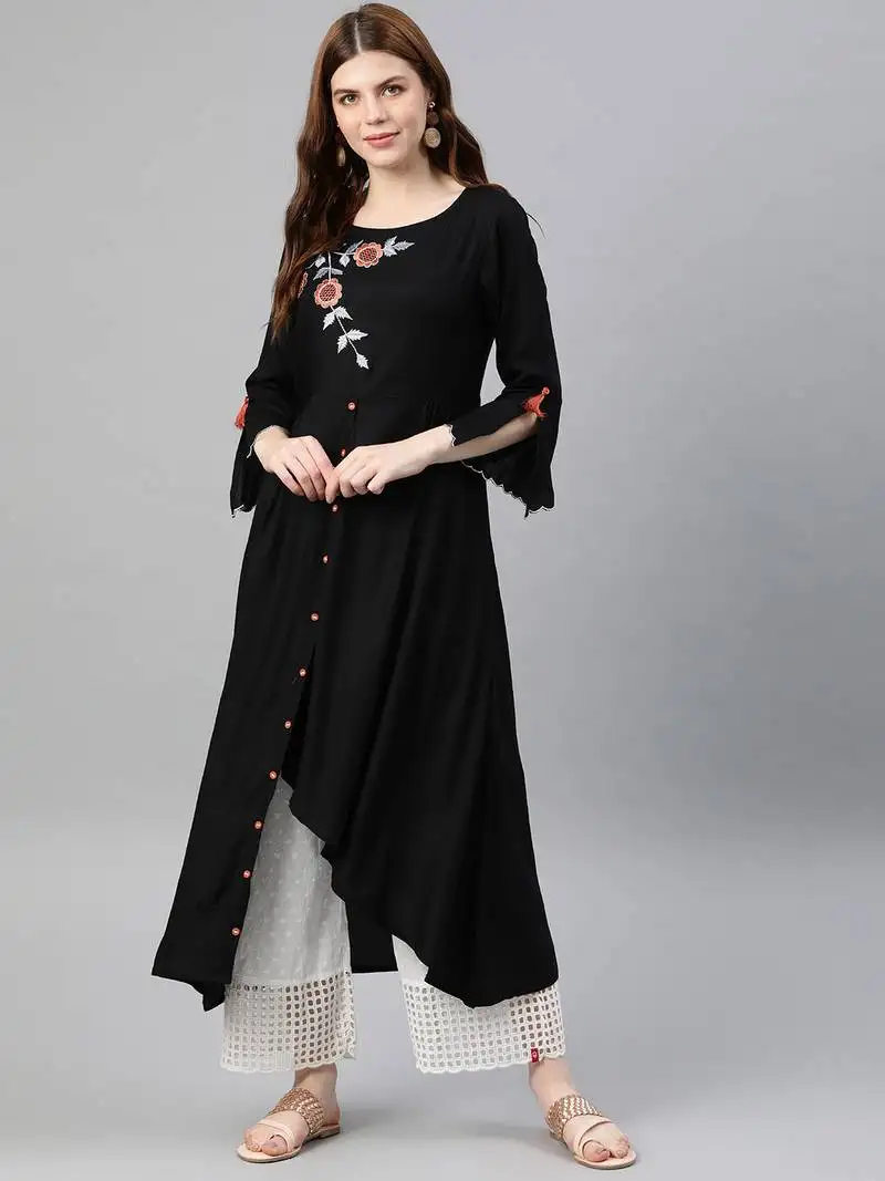 Women's rayon embroidered up & down style kurta (black)