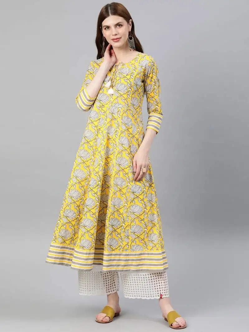 Women's cambric cotton floral printed anarkali kurta (lemon yellow)
