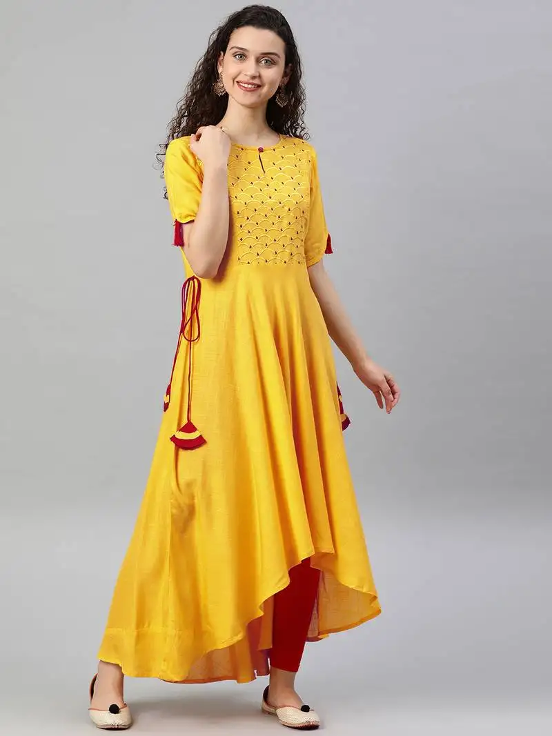 Women's rayon slub embroidered up-down kurta (yellow)