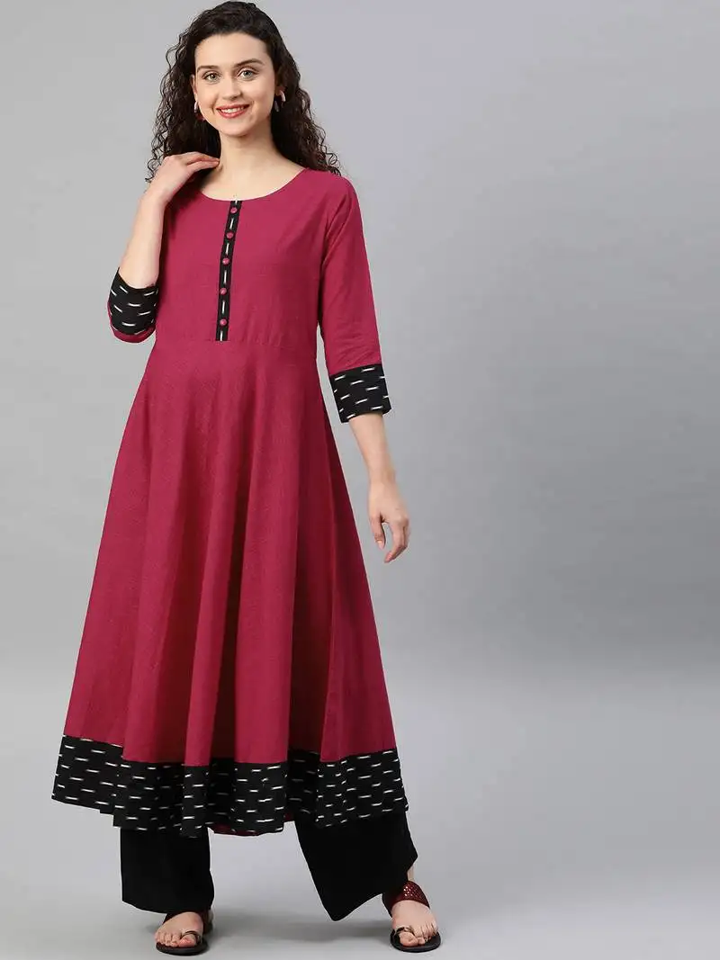 Women's cotton slub plain dye anarkali kurta (pink)