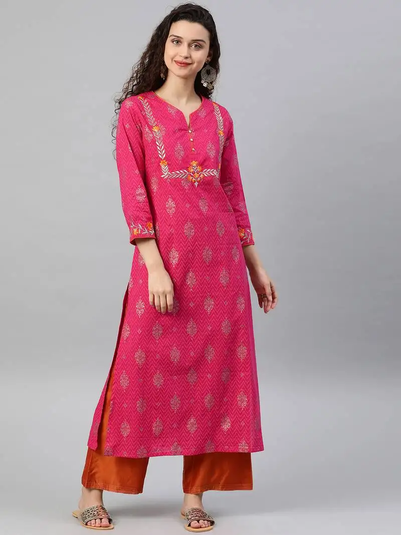 Women's cambric cotton zari embroidered straight kurta (pink)