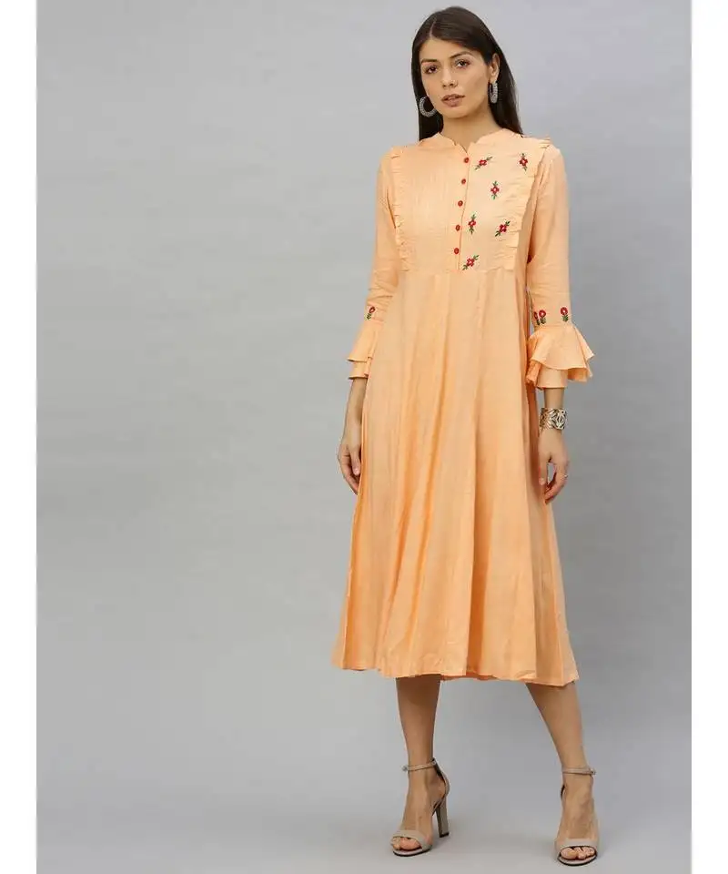 Rayon embroidered anarkali kurta dress orange