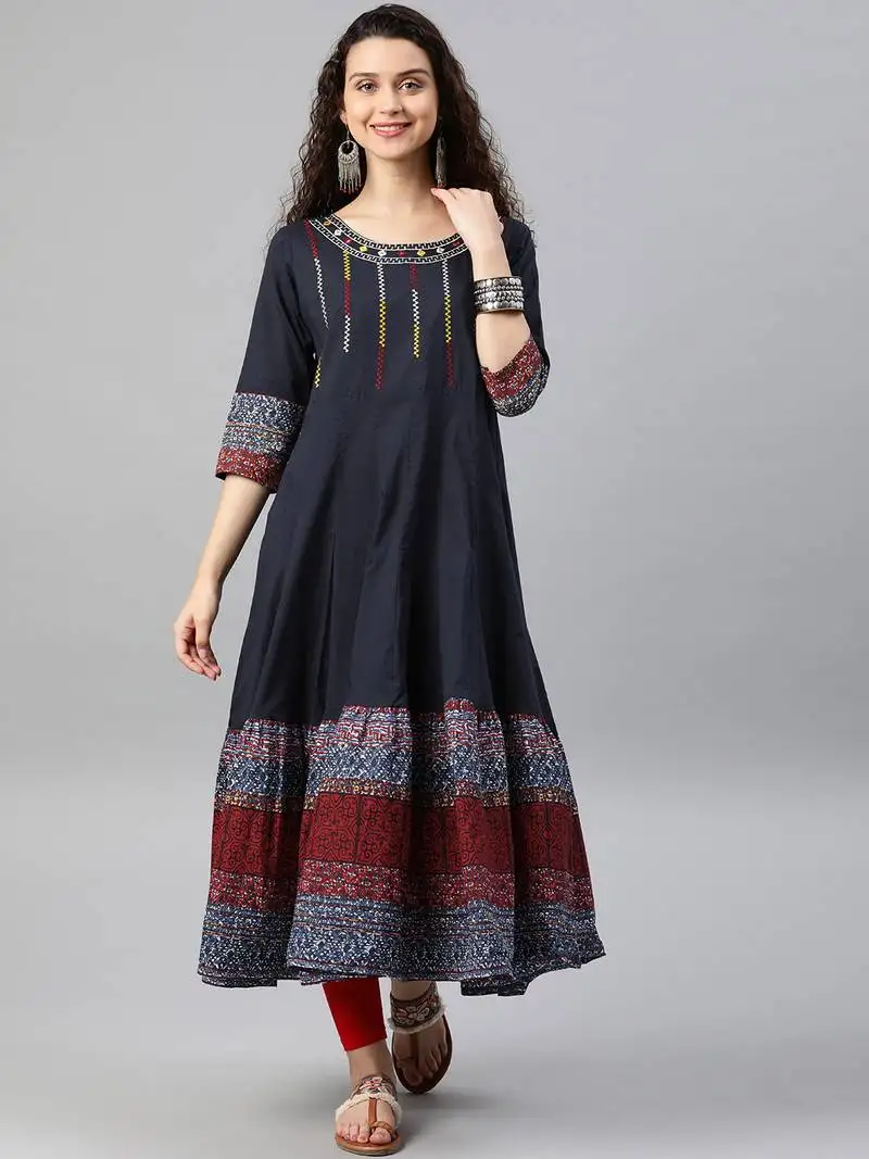 Women's cotton embroidered anarkali kurta (blue)