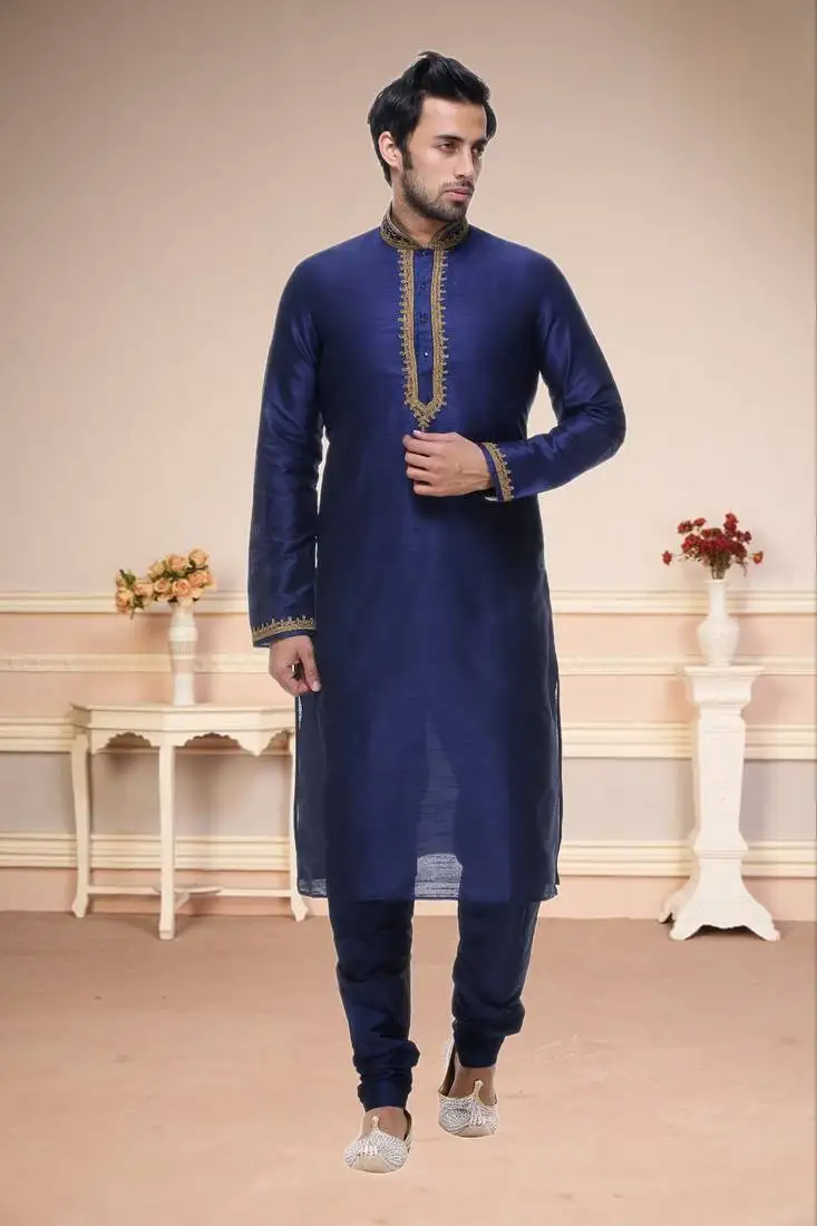 Blue embroidered silk sherwani