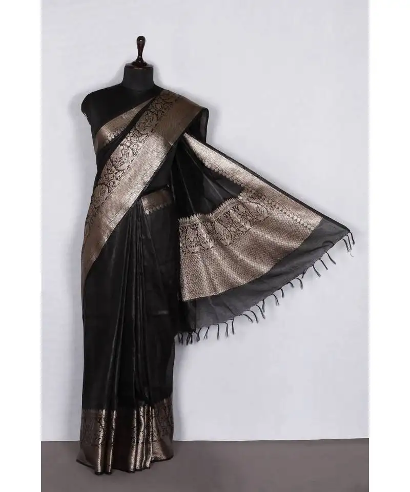 Black handloom banarsi linen saree with blouse piece