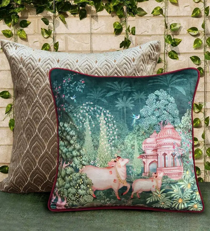 16x 16 pichwai cushion cover – green devotion