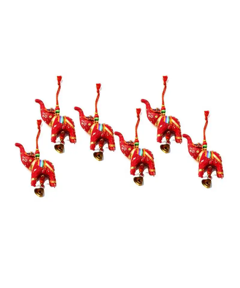 Elephant bell hanging layer set of 6 home christmas hanging ative ornaments multi colored indian traditional (red)