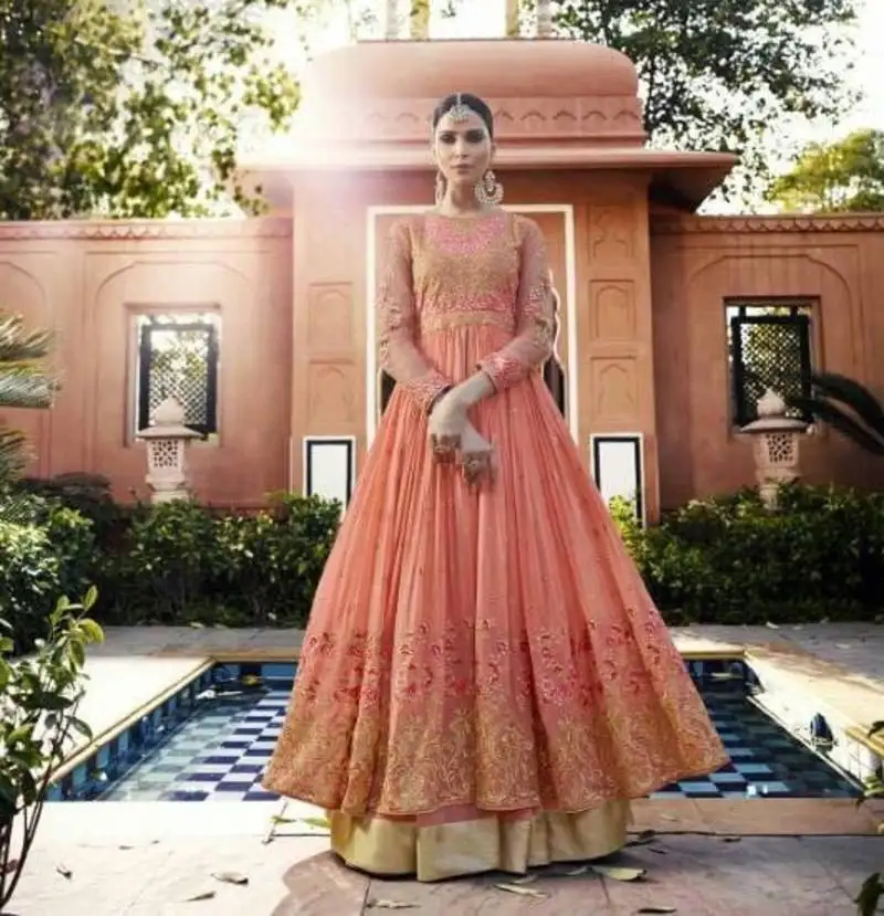 Peach georgette embroidered anarkali suit semi stitched