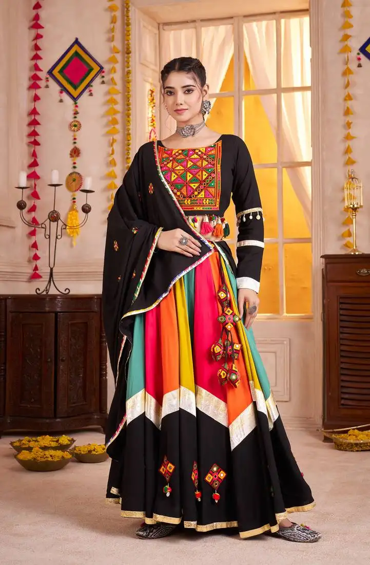 Black thread embroidered & mirror work viscose cotton traditional navratri festival wedding garba stitched lehenga choli