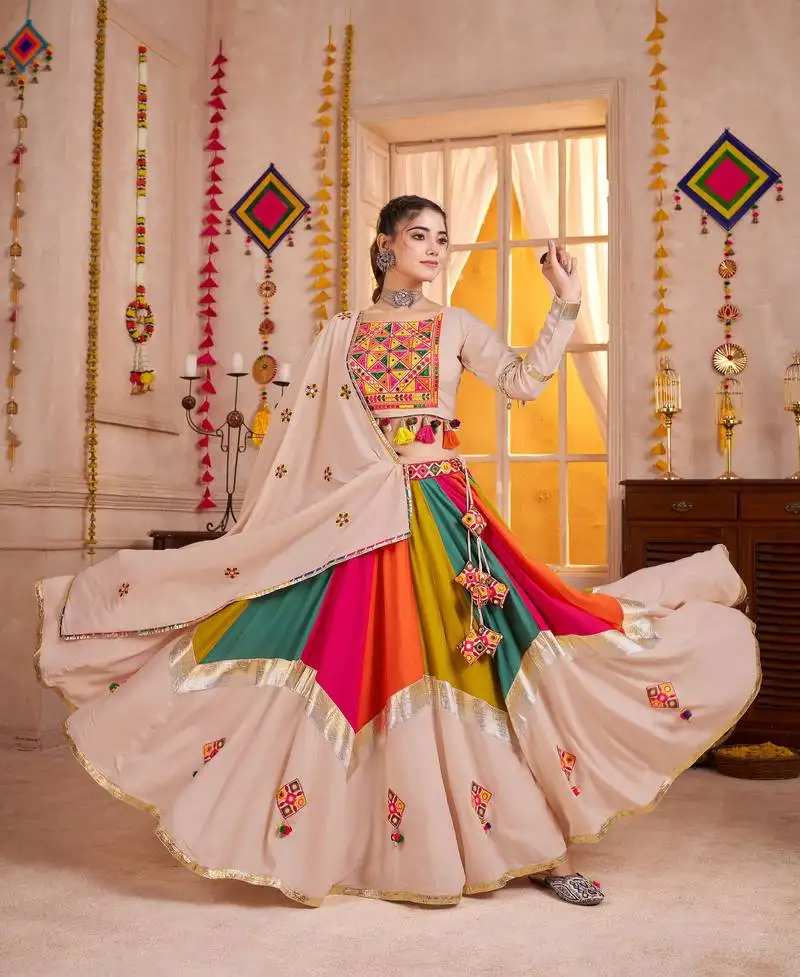 Beige thread embroidered & mirror work viscose cotton traditional navratri festival wedding garba stitched lehenga choli