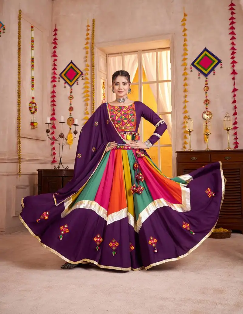 Purple thread embroidered & mirror work viscose cotton traditional navratri wedding garba stitched lehenga choli