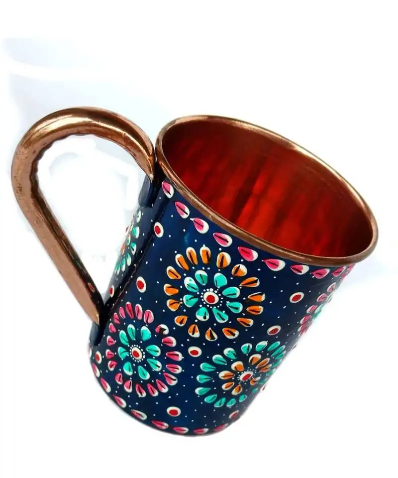 Handmade pure copper outer hand painted art work wine, vodka, beer,cocktail,juice, cold coffee straight mug - cup 16 oz
