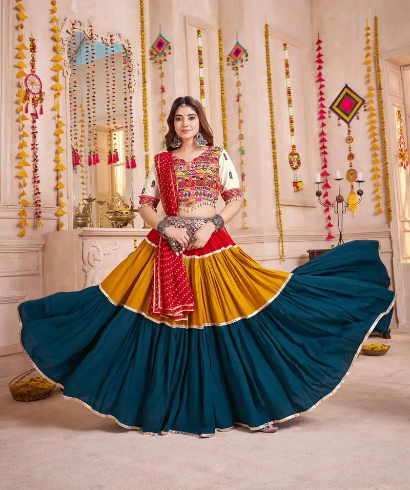 Multicolor embroidered & mirror work viscose cotton traditional navratri festival garba stitched lehenga choli