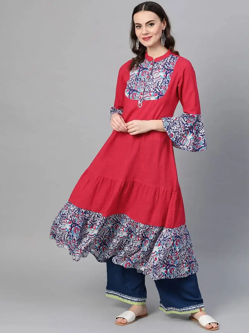 Women's rayon & cotton slub ajrakh print tiered anarkali kurta (pink)