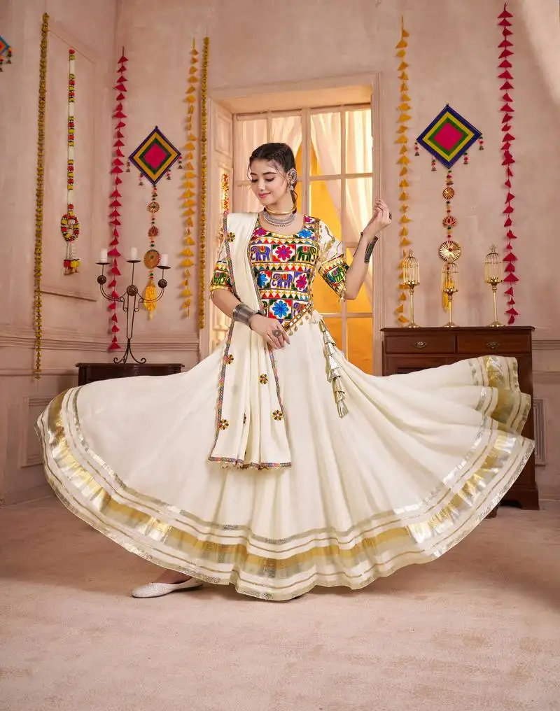 White embroidered & mirror work viscose cotton traditional navratri festival garba stitched lehenga choli