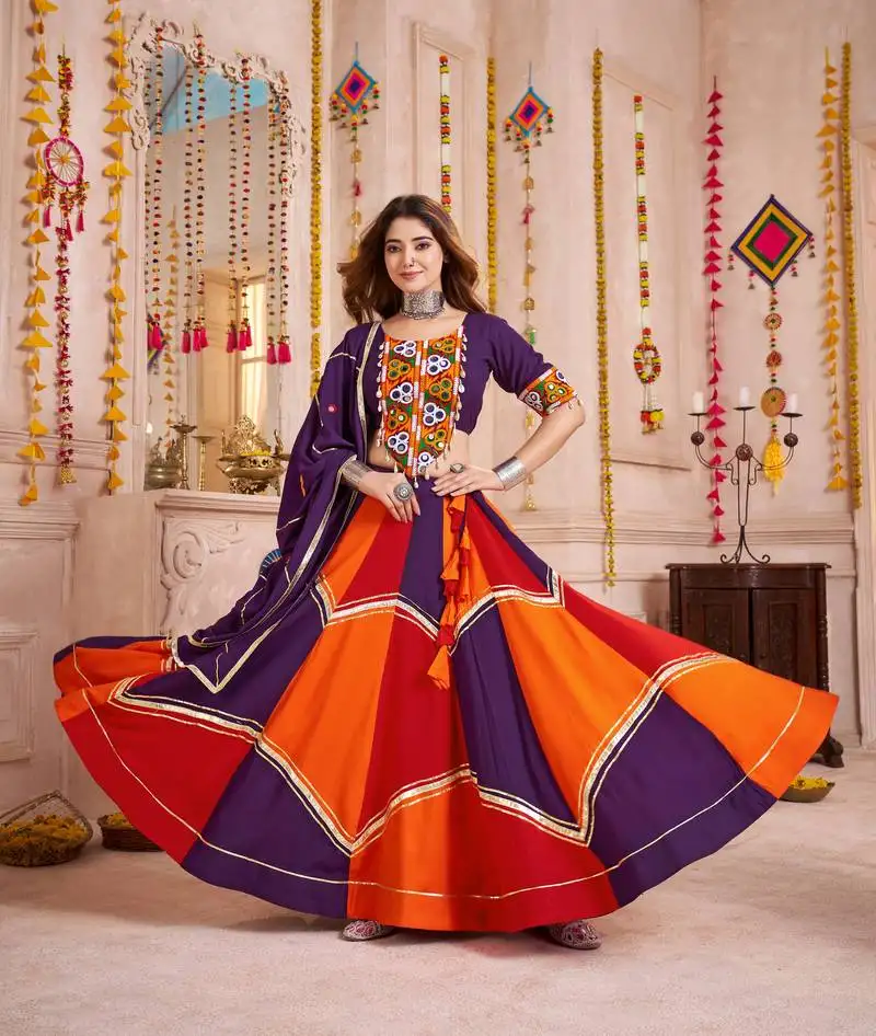 Purple multicolor thread embroidered & mirror work viscose cotton traditional navratri festival stitched lehenga choli