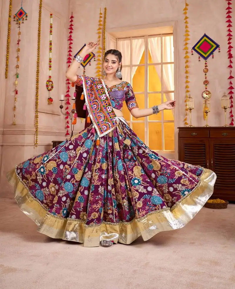 Purple kutchi embroidered & mirror work viscose cotton traditional navratri festival garba stitched lehenga choli